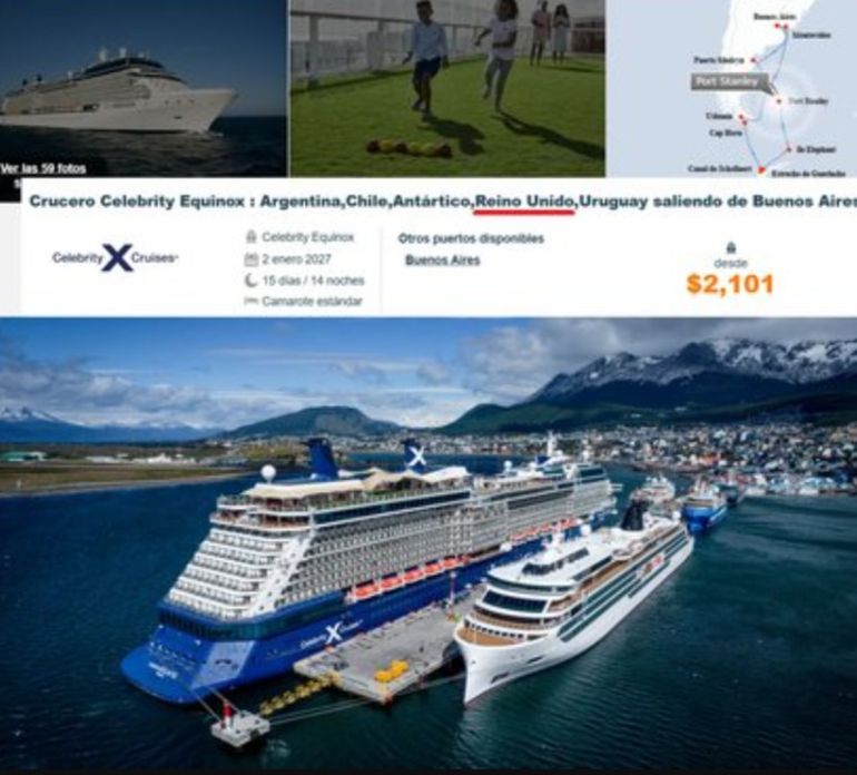 La promo online de un crucero que pasará por Ushuaia y le adjudica las Islas Malvinas al Reino Unido generó quejas en los últimos días en Tierra del Fuego. La promo online de un crucero que pasará por Ushuaia y le adjudica las Islas Malvinas al Reino Unido generó quejas en los últimos días en Tierra del Fuego. 
