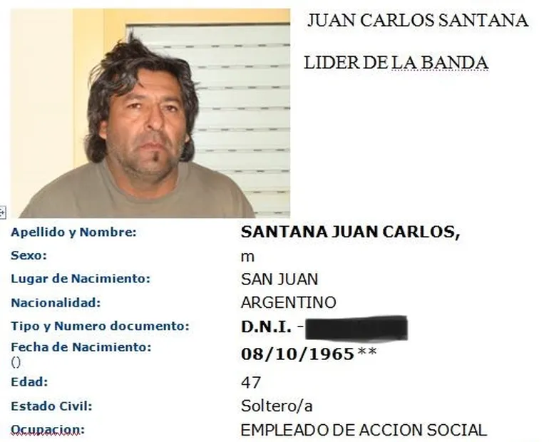 La ficha policial de Juan Carlos Santana. La ficha policial de Juan Carlos Santana.