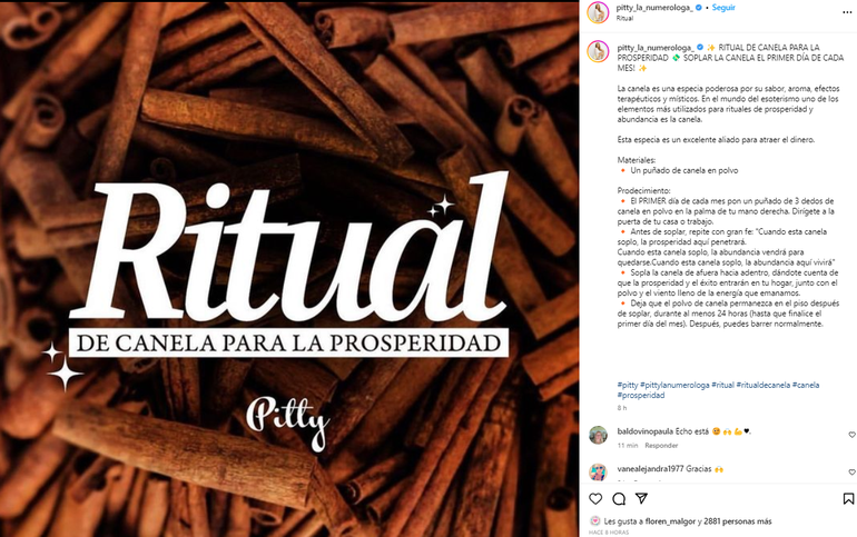 El ritual que compartió Pitty La Numeróloga en sus redes El ritual que compartió Pitty La Numeróloga en sus redes