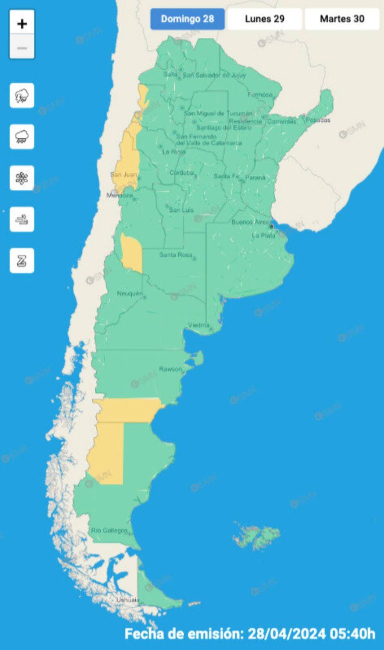 El Servició Meteorológico Nacional emitió una alerta por vientos fuertes para las provincias de Catamarca, Chubut, La Rioja, Mendoza, San Juan y Santa Cruz. Foto: SMN