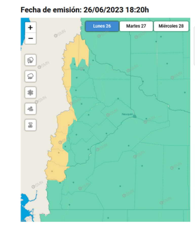 Mapa de la zona en la que rige alerta amarilla por intensas nevadas durante este lunes. Mapa de la zona en la que rige alerta amarilla por intensas nevadas durante este lunes.
