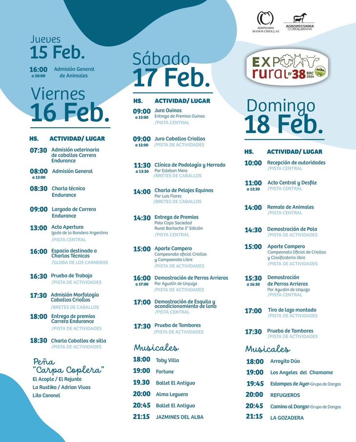 Programa completo de la edición 2024 de la exposición rural de Bariloche. Programa completo de la edición 2024 de la exposición rural de Bariloche.