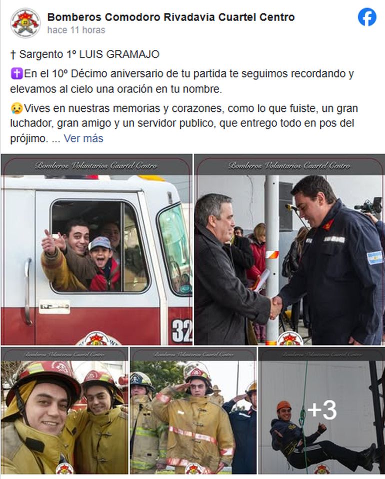 El recuerdo de sus compañeros en el Facebook del Cuartel Central de los Bomberos Voluntarios de Comodoro Rivadavia. El recuerdo de sus compañeros en el Facebook del Cuartel Central de los Bomberos Voluntarios de Comodoro Rivadavia.