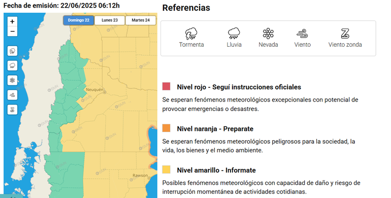 Alerta amarilla por vientos fuertes este domingo 22 de junio en Neuquén.