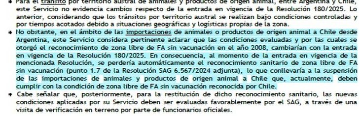 Parte del documento del SAG que certifica el rechazo a la resolución 180/25 del SENASA.