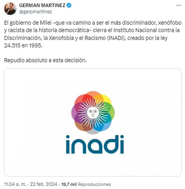 Algunos comentarios del ámbito político tras el cierre del INADI.