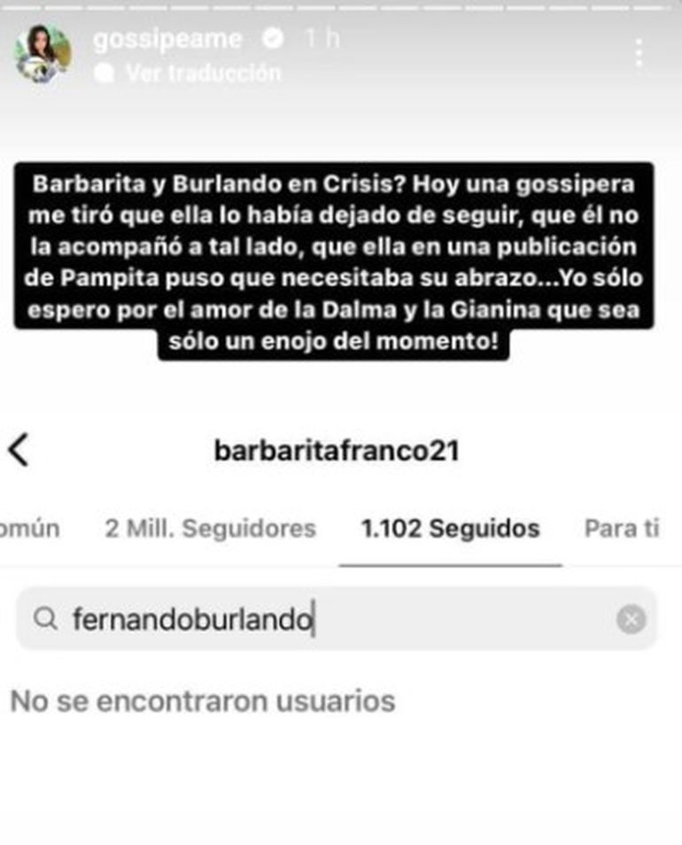 Las pruebas de la crisis de Barby Franco y Fernando Burlando, según Pochi de Gossipeame. Las pruebas de la crisis de Barby Franco y Fernando Burlando, según Pochi de Gossipeame.