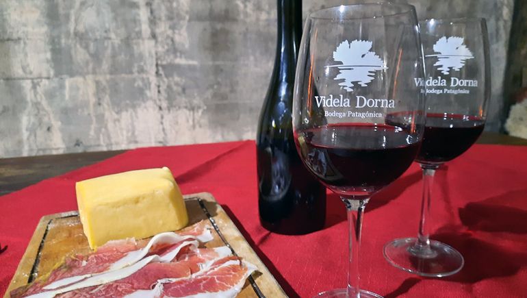 Jamón crudo, queso y una copa de vino Videla Dorna en el mismísimo lugar de producción.