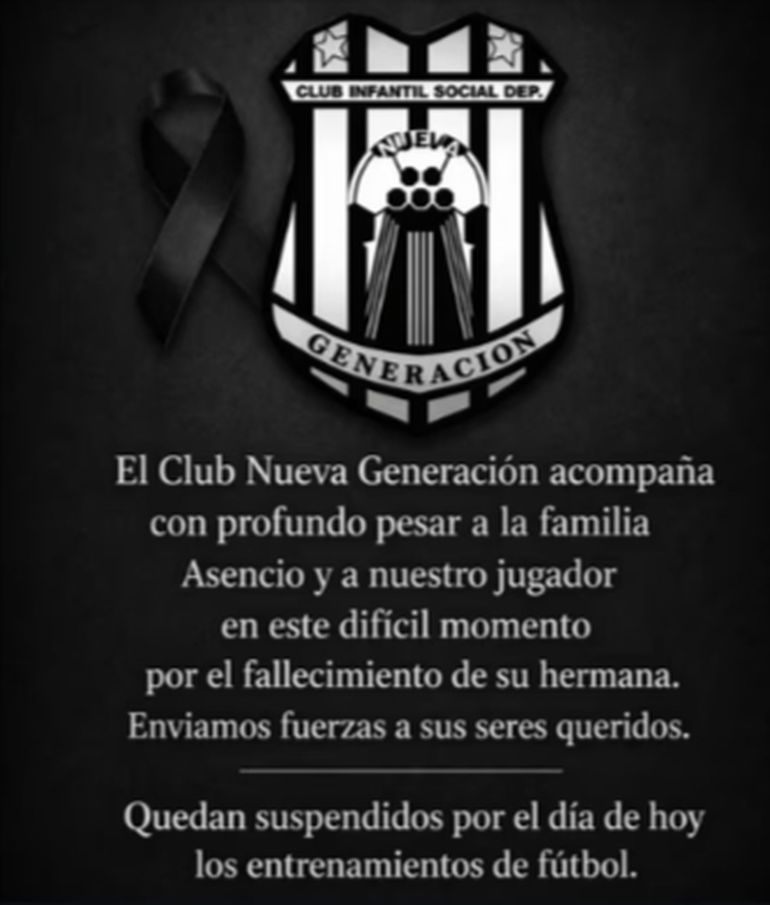 El mensaje del club de fútbol barrial donde juega el hermano de Agustina Asencio, que suspendió los entrenamientos. El mensaje del club de fútbol barrial donde juega el hermano de Agustina Asencio, que suspendió los entrenamientos.