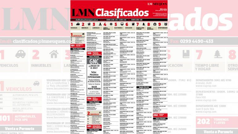 Los clasificados de hoy de LM Neuquén