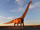 La réplica de un tiranosaurio en tamaño real, en la entrada a Trelew, epicentro del circuito turístico del Valle de Gondwana, en el corazóin de la Patagonia. 