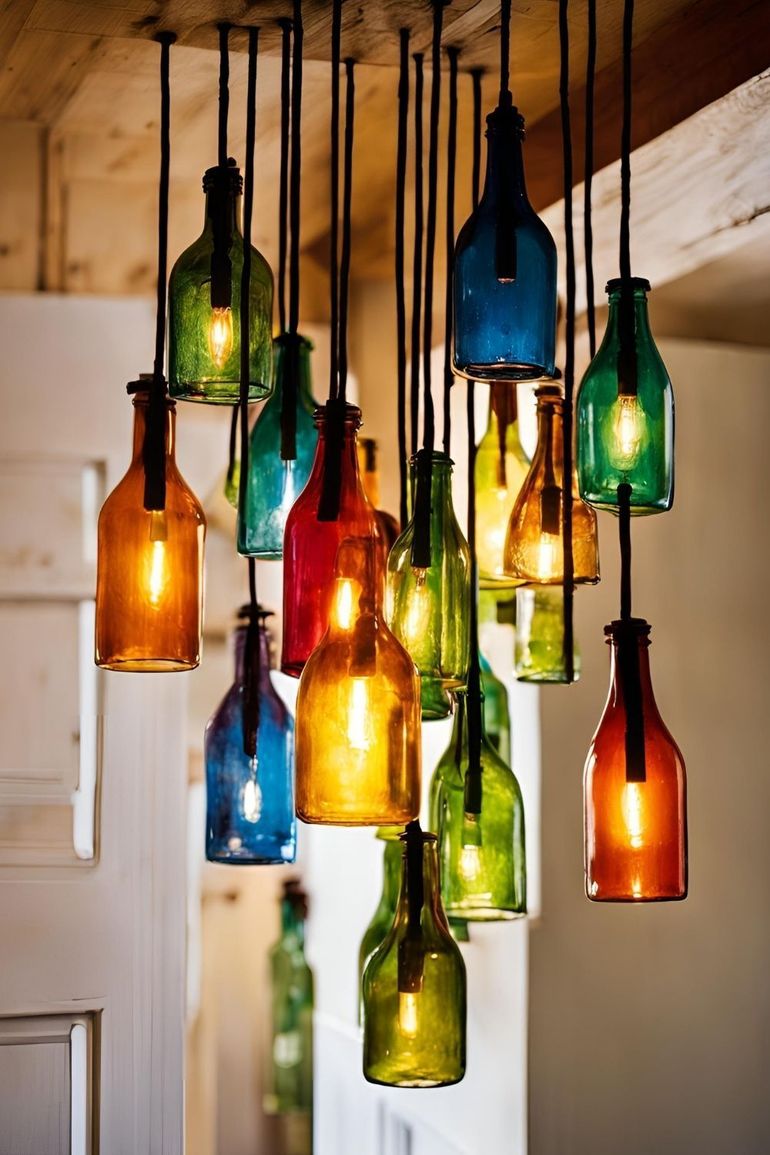 Usar botellas de distintos colores y colgarlas a alturas diferentes genera un hermoso efecto visual. Usar botellas de distintos colores y colgarlas a alturas diferentes genera un hermoso efecto visual.