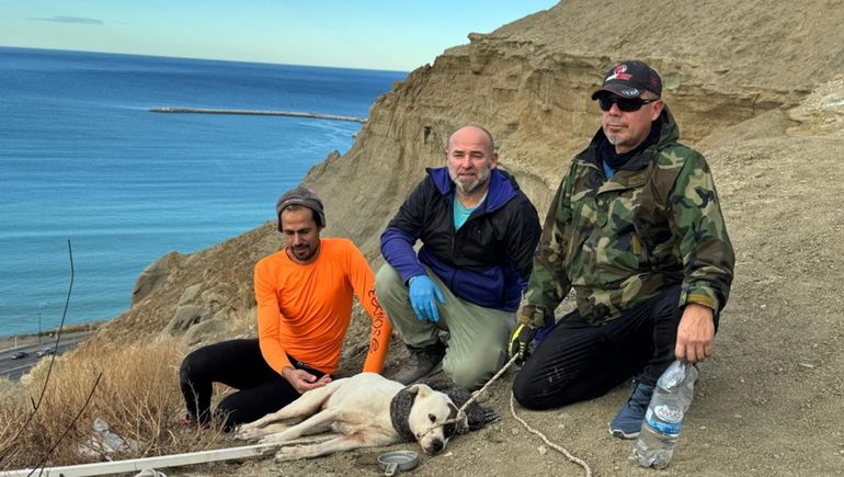 Los tres voluntarios que ayudaron a rescatar una perra en Comodoro Rivadavia.