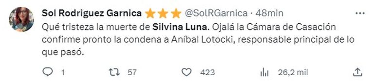Algunos de los mensajes con los que despidieron a Silvina Luna en Twitter, con cr&iacute;ticas a Lotocki.