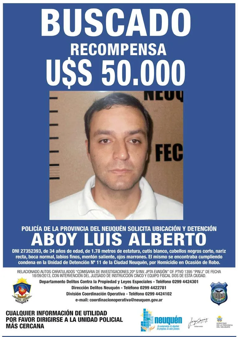La recompensa que ofreció el Gobierno para dar con Luis Aboy. La recompensa que ofreció el Gobierno para dar con Luis Aboy.