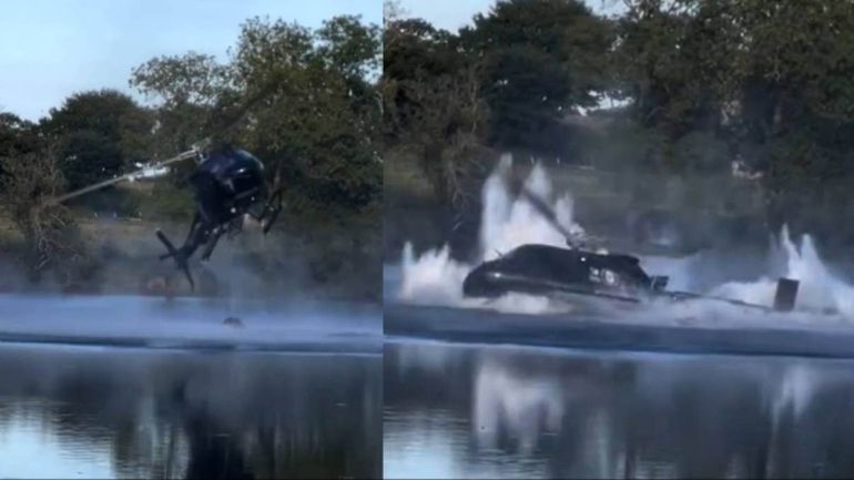 El helicóptero bajó al lago a cargar agua para continuar con su tarea de apagar incendios forestales cuando