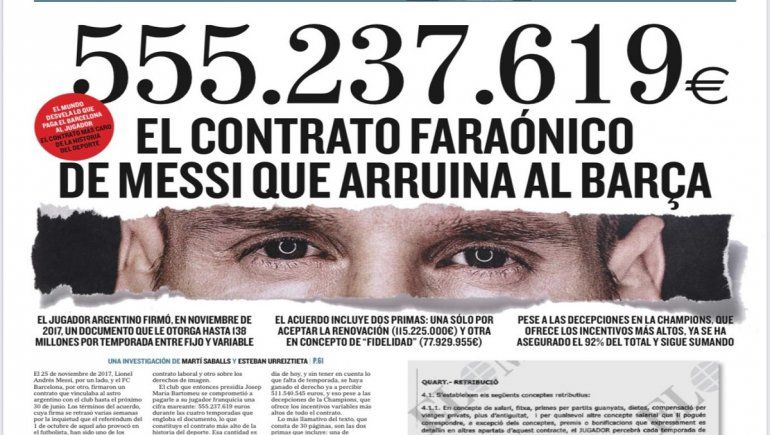 Portada de El Mundo sobre el contrato de Messi con el Barcelona.