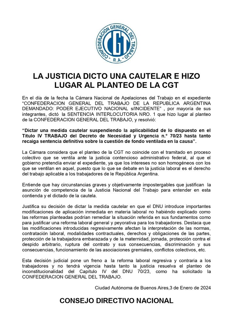 El comunicado enviado por la CGT tras el fallo. El comunicado enviado por la CGT tras el fallo.