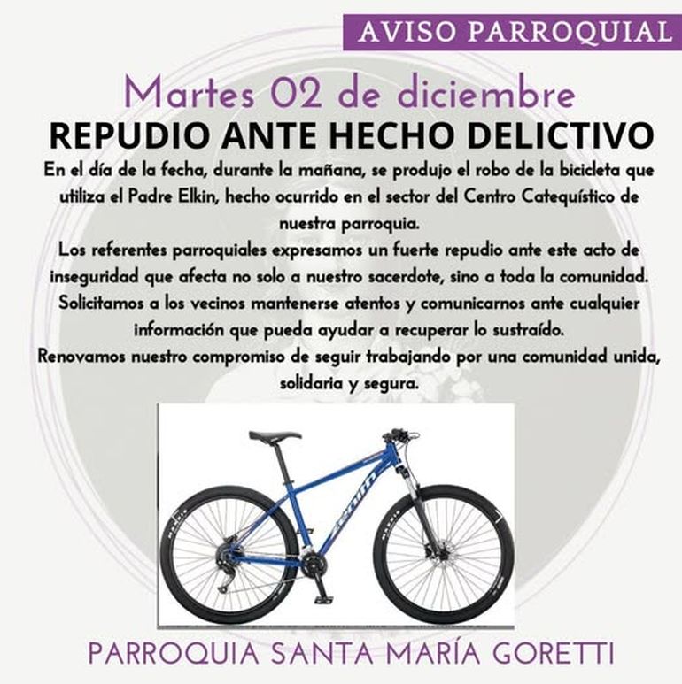 El aviso que posteó en Facebook la comunidad de la parroquia María Goretti, del barrio Máximo Abásolo de Comodoro Rivadavia. El aviso que posteó en Facebook la comunidad de la parroquia María Goretti, del barrio Máximo Abásolo de Comodoro Rivadavia. 