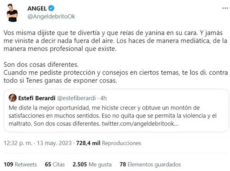 La pelea entre Ángel de Brito y Estefi Berardi se prolongó durante todo el fin de semana en Twitter.