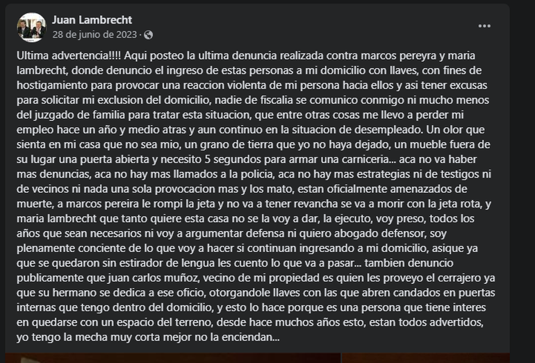 Captura de Facebook donde Juan Lambretch amenazó de muerte a su hermana. Captura de Facebook donde Juan Lambretch amenazó de muerte a su hermana.
