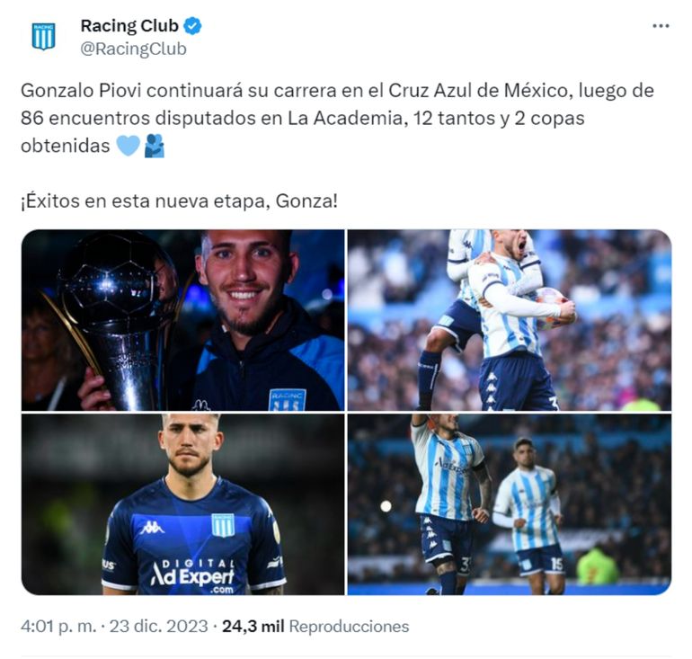 Racing se despidió de Gonzalo Piovi Racing se despidió de Gonzalo Piovi