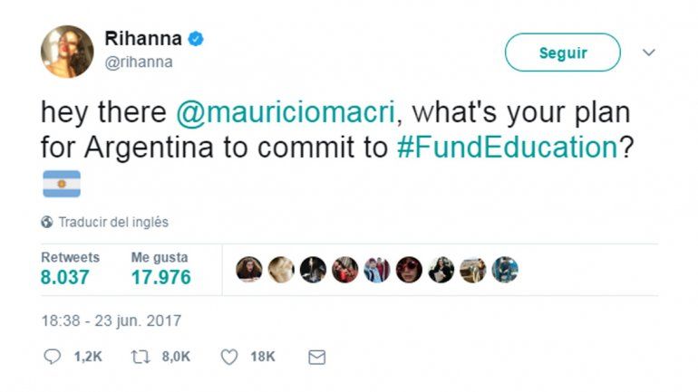 Rihanna le preguntó a Macri cuál es su plan para comprometerse con la educación