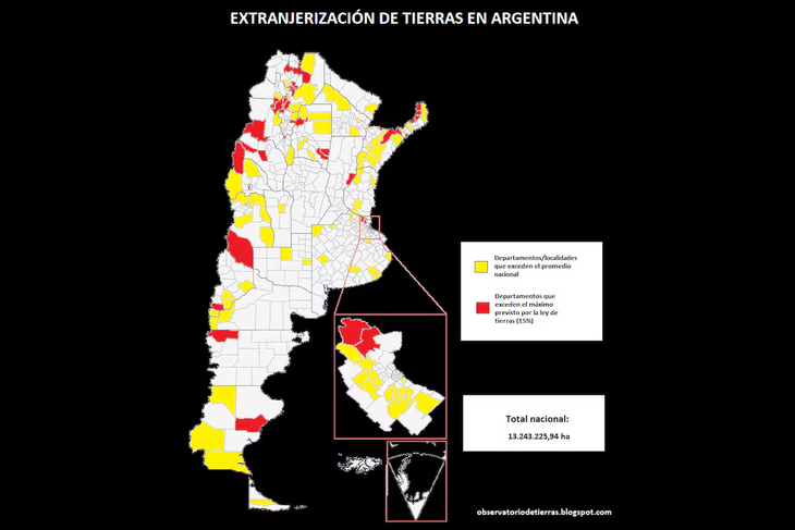 El mapa del Conicet pone números a la extranjerización de tierras en Argentina. Fuente: Conicet. El mapa del Conicet pone números a la extranjerización de tierras en Argentina. Fuente: Conicet.