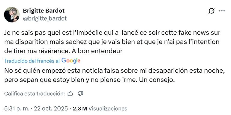 La publicación en la cual Brigitte Bardot desmintió los rumores sobre su muerte. La publicación en la cual Brigitte Bardot desmintió los rumores sobre su muerte.