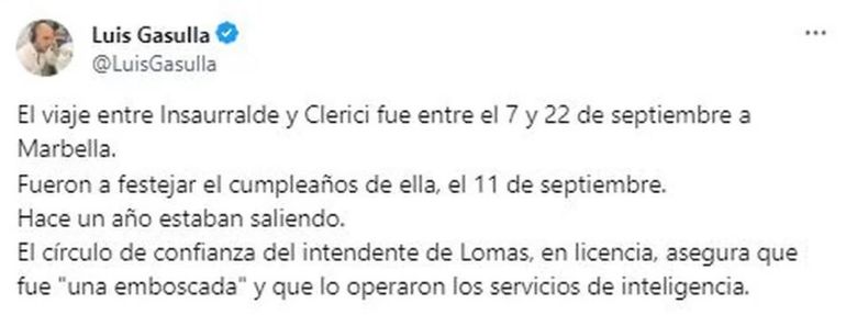 El tweet del periodista Luis Gasulla confirmando que la infidelidad de Insaurralde. El tweet del periodista Luis Gasulla confirmando que la infidelidad de Insaurralde.