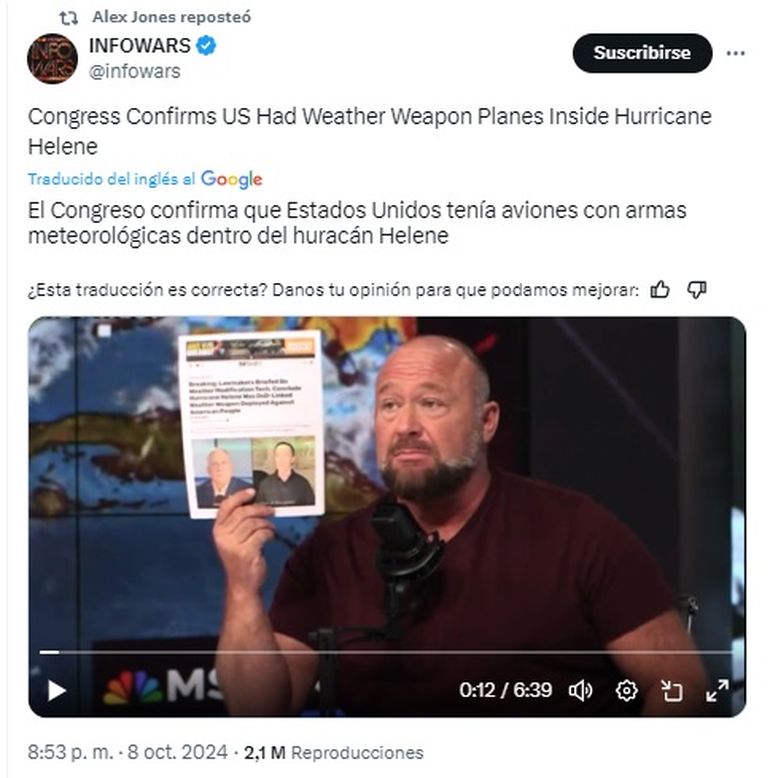 Alex Jones afirma que había aviones con armas meteorológicas en el huracán Helen.