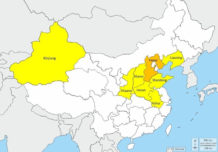 Las zonas de producción de peras en China. La región de Hebei es la de mayor productividad, el resto tiene productividad media (no llega a las 25 toneladas por hectárea) Fuente: China Statistical Yearbook (2023 data). Las zonas de producción de peras en China. La región de Hebei es la de mayor productividad, el resto tiene productividad media (no llega a las 25 toneladas por hectárea) Fuente: China Statistical Yearbook (2023 data).
