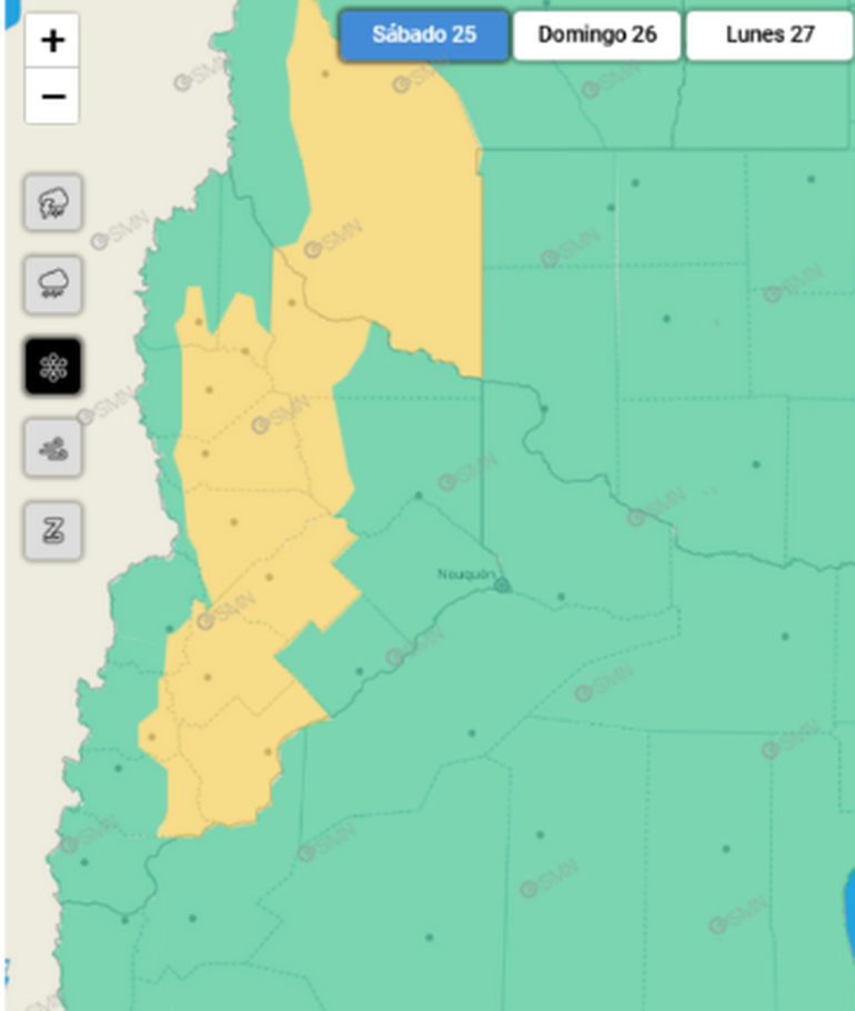 El mapa por la alerta amarilla por nevadas que dio a conocer el Servicio Meteorológico Nacional (Gentileza SMN) El mapa por la alerta amarilla por nevadas que dio a conocer el Servicio Meteorológico Nacional (Gentileza SMN)