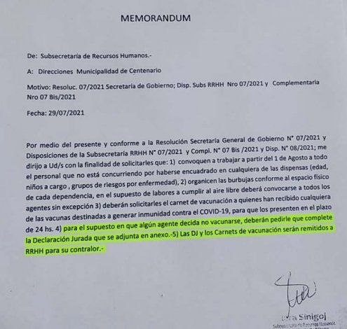 La Municipalidad de Centenario quiere resguardarse. Hará firmar una DDJJ a los empleados que no estén vacunados.