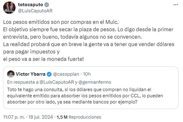 El posteo de Luis Caputo que desató el escándalo. El posteo de Luis Caputo que desató el escándalo.
