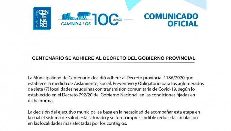 El comunicado sobre el aislamiento en Centenario