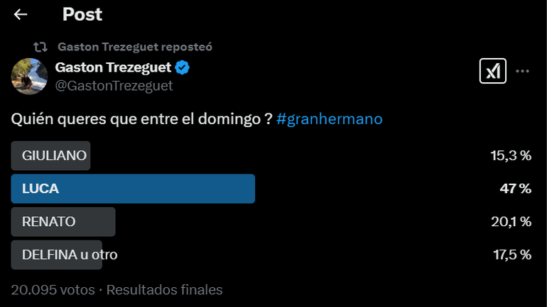 Encuesta realizada por Gastón Trezeguet para conocer quien volvería en el repechaje de Gran Hermano. Encuesta realizada por Gastón Trezeguet para conocer quien volvería en el repechaje de Gran Hermano.
