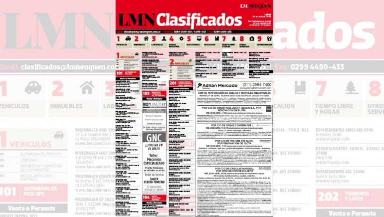 Los clasificados de hoy de LM Neuquén