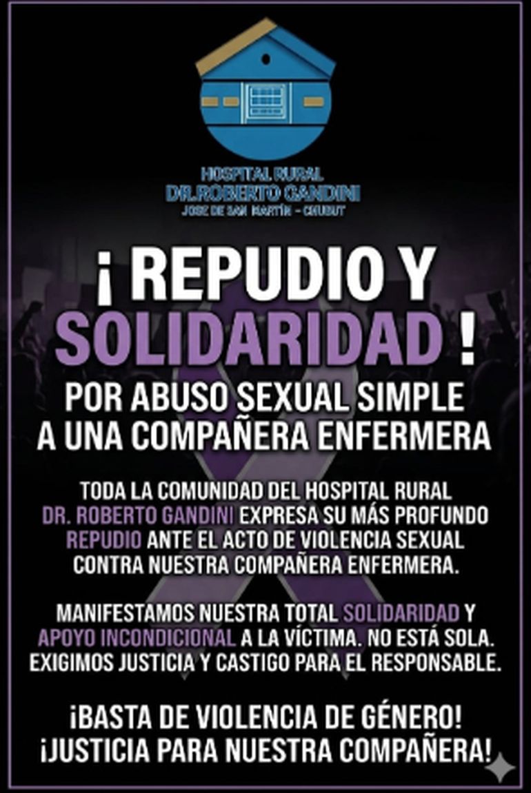 El comunicado en las redes de los compañeros de la enfermera en el hospital rural de Chubut, luego del abuso. El comunicado en las redes de los compañeros de la enfermera en el hospital rural de Chubut, luego del abuso.