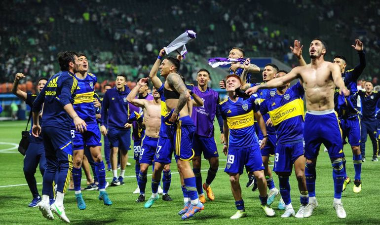 Boca festeja en Brasil el pase a la final de la Copa Libertadores. Foto Télam.
