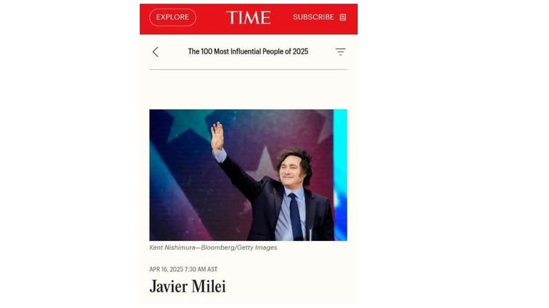 El presidente Javier Milei fue elegido por la Revista TIME como una de las 100 personalidades más influyentes del mundo en 2025. El presidente Javier Milei fue elegido por la Revista TIME como una de las 100 personalidades más influyentes del mundo en 2025.