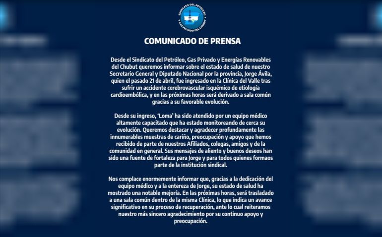 El comunicado sobre la salud de Jorge Avila que difundió en las últimas horas el SIPGERCH. El comunicado sobre la salud de Jorge Avila que difundió en las últimas horas el SIPGERCH.