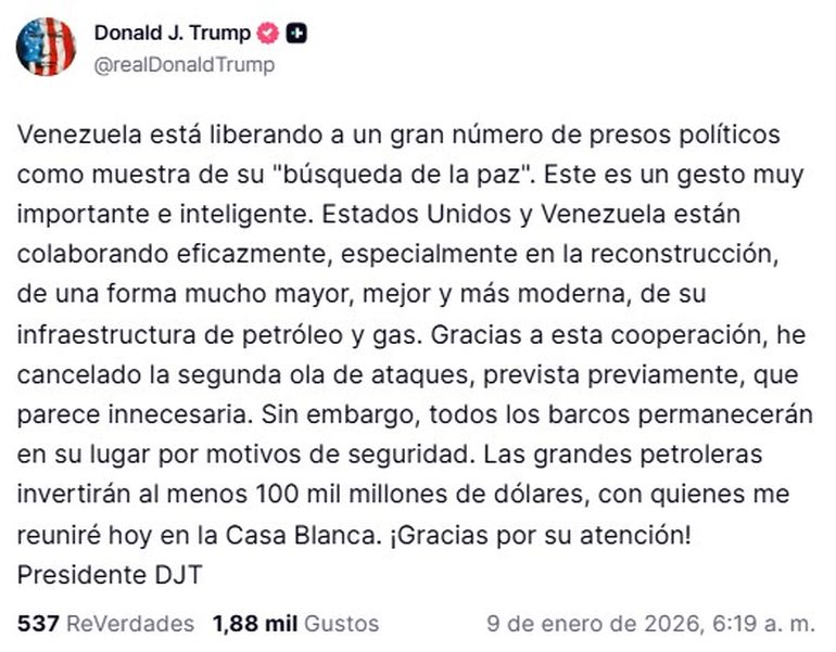 El anuncio de Donald Trump sobre la cancelación de la segunda ola de ataques en Venezuela, en la red social Truth. El anuncio de Donald Trump sobre la cancelación de la segunda ola de ataques en Venezuela, en la red social Truth.