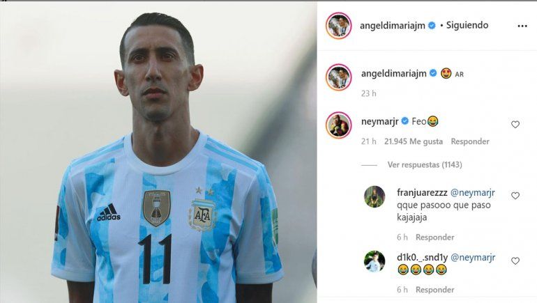 El comentario de Neymar a Di María en Instagram.