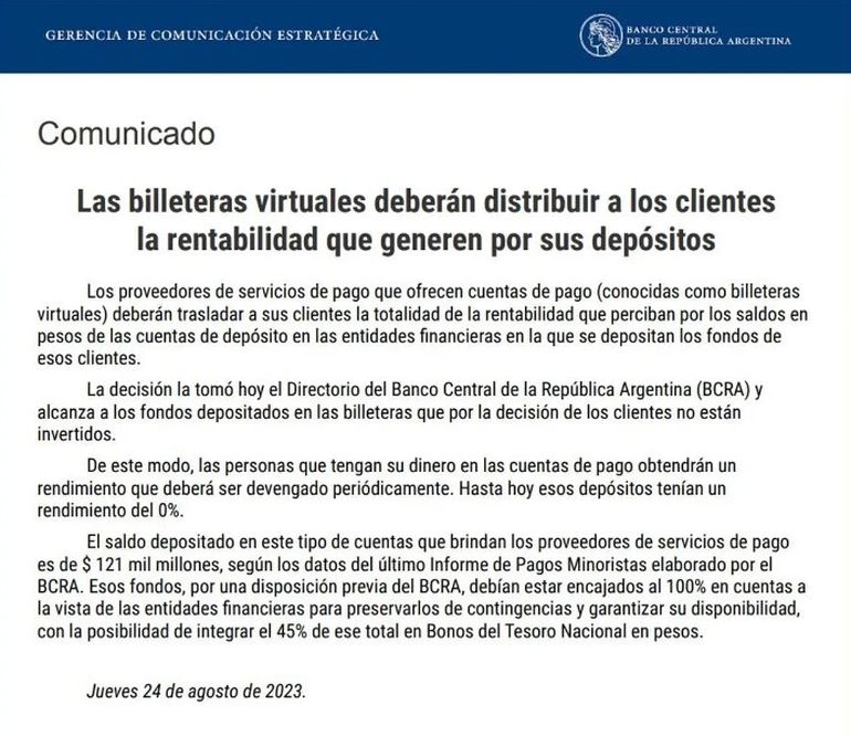 El comunicado emitido por el BCRA, que afectará a Mercado Pago, Ualá y demás. El comunicado emitido por el BCRA, que afectará a Mercado Pago, Ualá y demás.