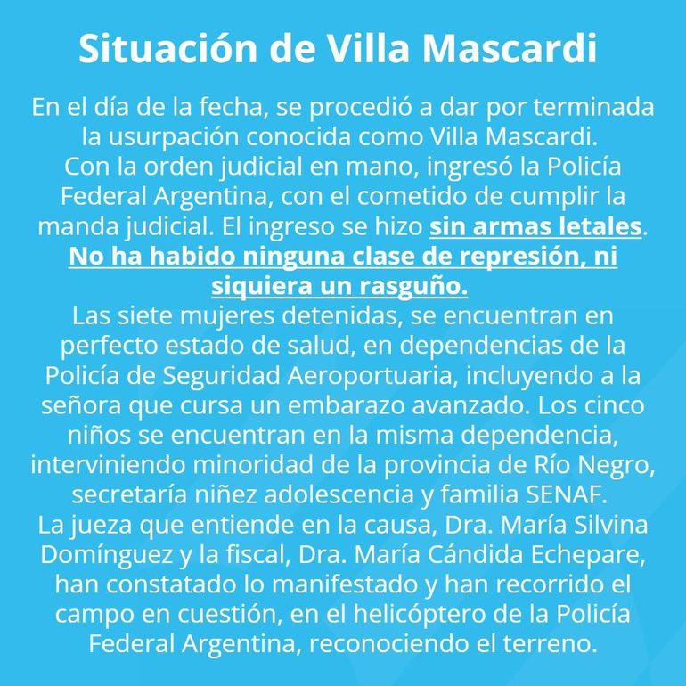 El comunicado de Aníbal Fernández sobre el operativo en Villa Mascardi.