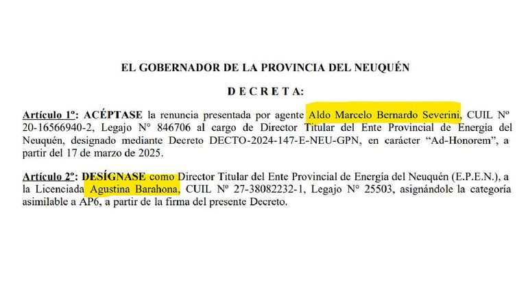El decreto que acepta la renuncia de Marcelo Severiini al directorio del EPEN. El decreto que acepta la renuncia de Marcelo Severiini al directorio del EPEN.