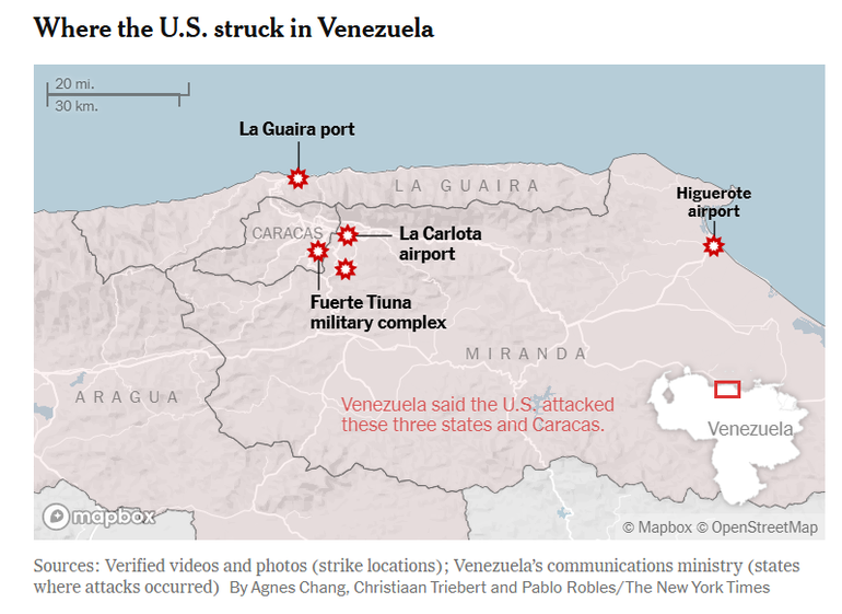 El mapa de los ataques en Caracas que relevó New York Times El mapa de los ataques en Caracas que relevó New York Times