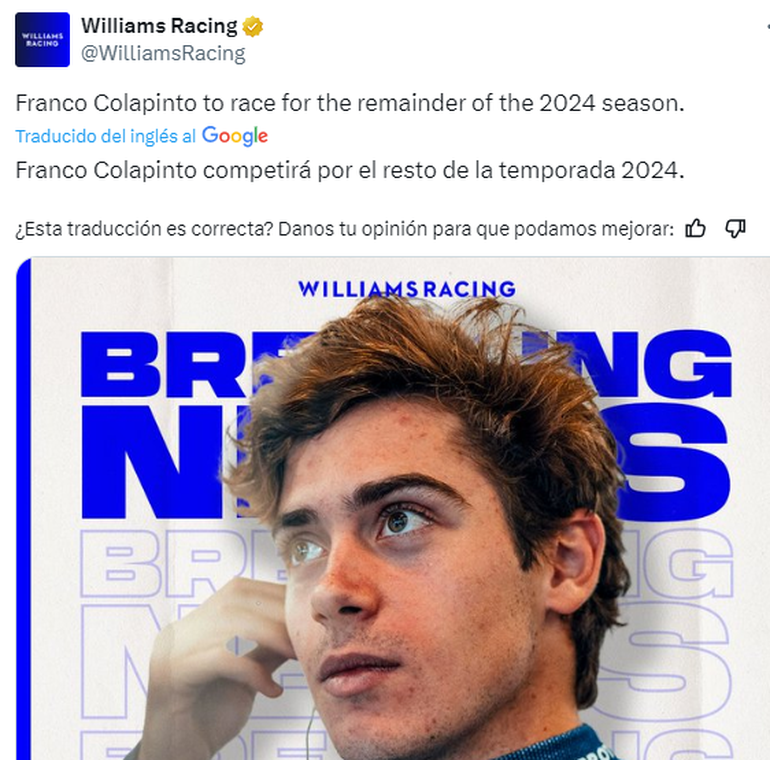 Franco Colapinto será piloto de la Fórmula 1 desde el próximo 1° de septiembre. Franco Colapinto será piloto de la Fórmula 1 desde el próximo 1° de septiembre.