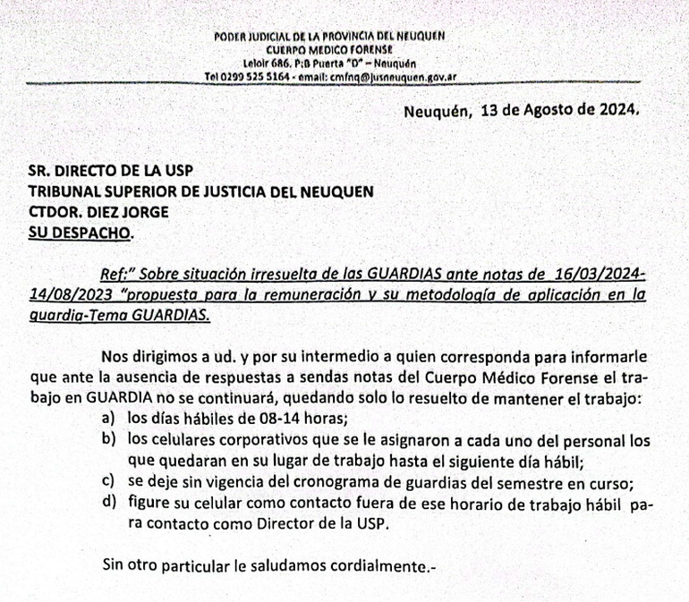El aviso de las medidas de fuerza que recibió el Tribunal Superior de Justicia El aviso de las medidas de fuerza que recibió el Tribunal Superior de Justicia